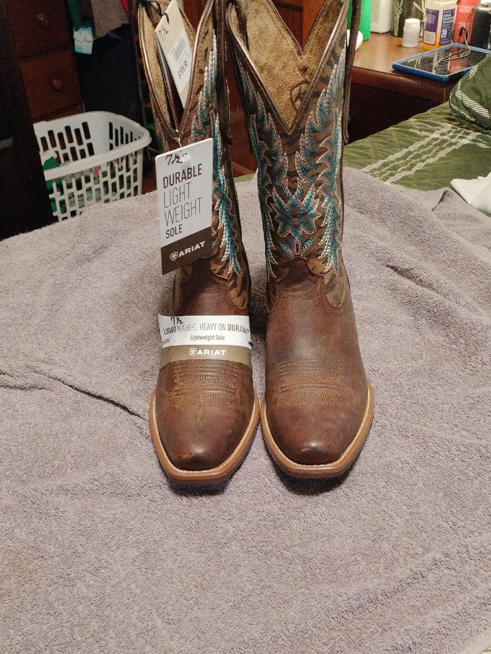 Ariat Brown Leather Western Boots with Turquoise Stitching